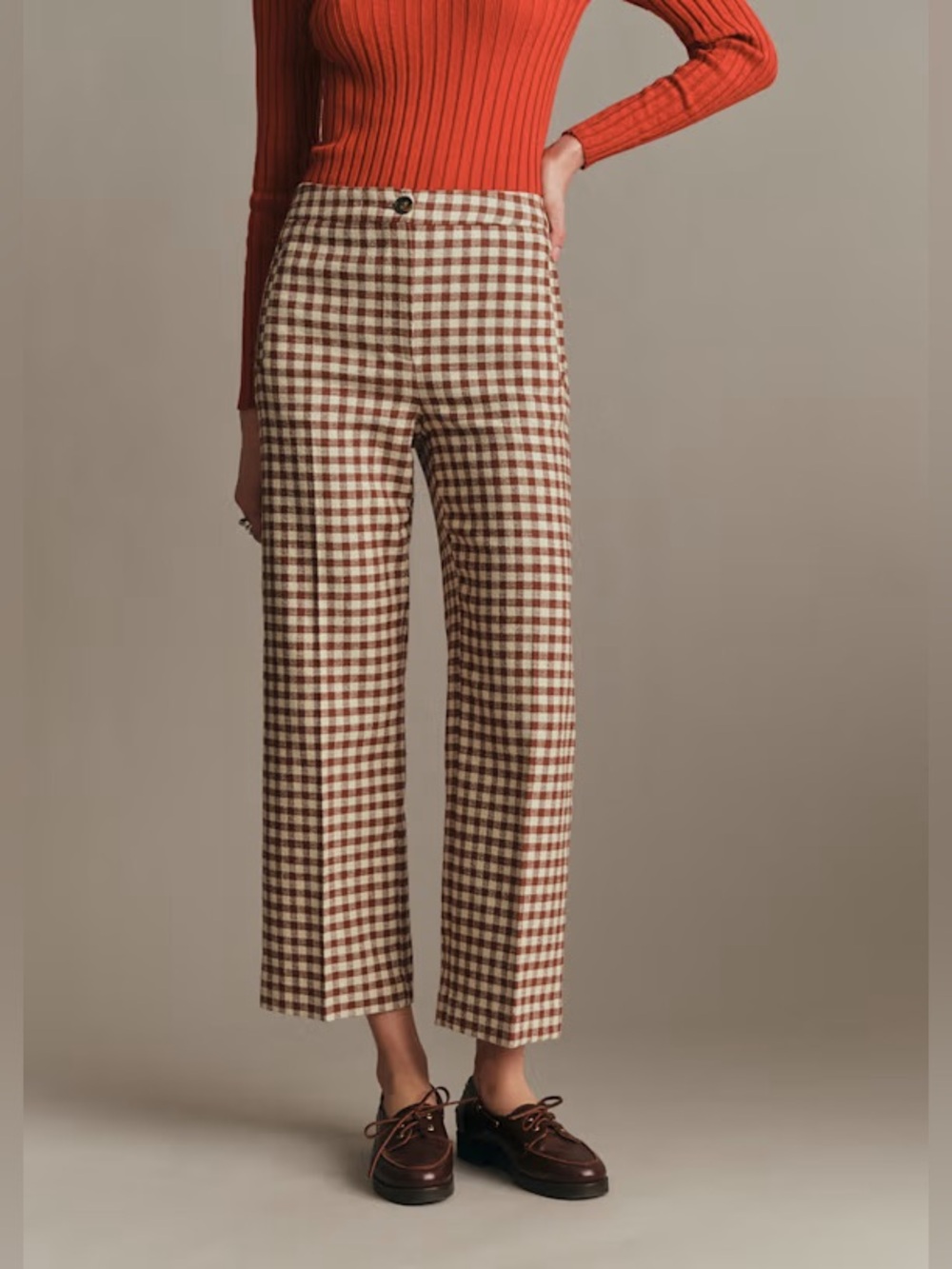 Sezane Martin Crop Check Trousers Pant Vichy Marron Ecru Sz 38 NWT